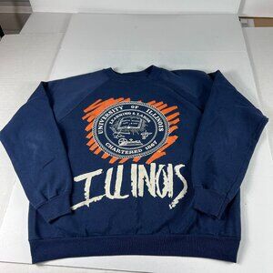 VTG 90s University Illinois Fighting Illini Sweatshirt Large Blue Faded Crewneck